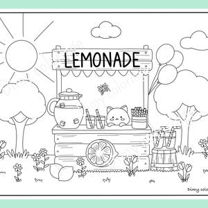 May include: Black and white line art coloring page of a lemonade stand with a cat, lemons, and a pitcher of lemonade. The stand has a sign that says "LEMONADE".