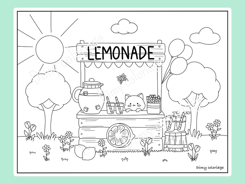 May include: Black and white line art coloring page of a lemonade stand with a cat, lemons, and a pitcher of lemonade. The stand has a sign that says "LEMONADE".