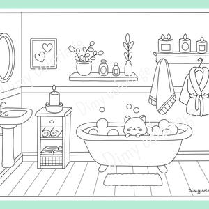 Puede incluir: Un dibujo en blanco y negro de un ba&ntilde;o con una ba&ntilde;era, un gato tomando un ba&ntilde;o, un lavabo, un toallero, una estanter&iacute;a con velas y un peque&ntilde;o armario con toallas. El gato est&aacute; sentado en la ba&ntilde;era con burbujas a su alrededor. El ba&ntilde;o tiene un dise&ntilde;o simple sin detalles.