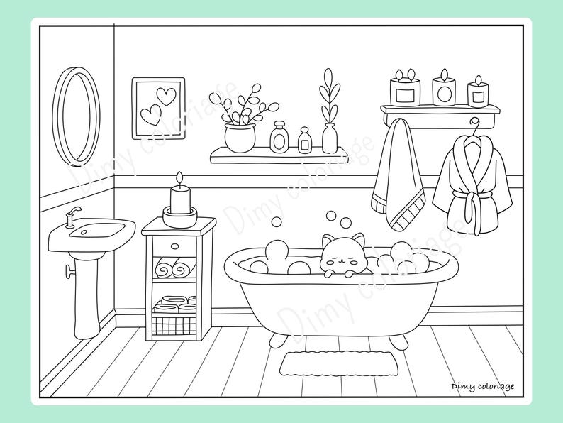 Puede incluir: Un dibujo en blanco y negro de un ba&ntilde;o con una ba&ntilde;era, un gato tomando un ba&ntilde;o, un lavabo, un toallero, una estanter&iacute;a con velas y un peque&ntilde;o armario con toallas. El gato est&aacute; sentado en la ba&ntilde;era con burbujas a su alrededor. El ba&ntilde;o tiene un dise&ntilde;o simple sin detalles.