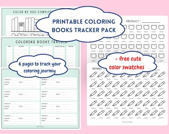 Cute coloring books tracker to download, Printable tracker coloring log for adults, blank color swatch, color charts, organization colouring