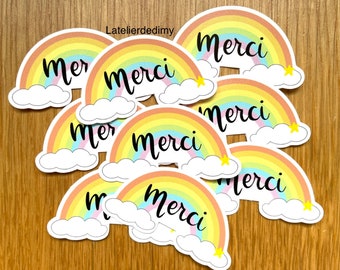 Stickers MERCI arc-en-ciel, autocollant merci, autocollant remerciement, merci maîtresse, merci atsem