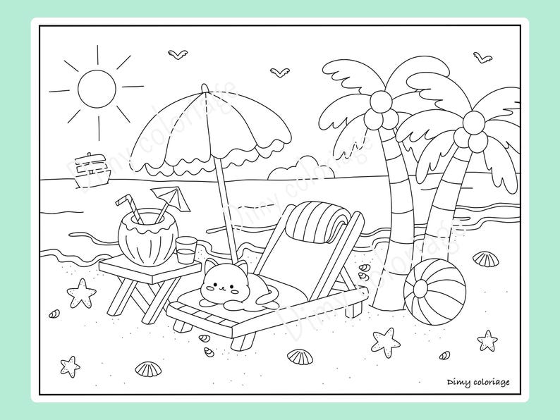 May include: A black and white coloring page featuring a cat relaxing on a beach chair under a palm tree with a coconut drink and a beach umbrella. The image also includes a beach ball, seashells, and starfish.