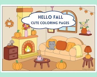 Printable kawaii coloring pages for adults, cozy fall coloring pages to download, cute and cozy coloring book, autumn coloring book