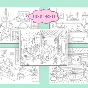 Puede incluir: Un conjunto de cinco p&aacute;ginas para colorear en blanco y negro que representan diferentes escenas de spa. Las escenas incluyen un sal&oacute;n de manicura, una ba&ntilde;era de hidromasaje, una sauna, una sala de masajes y un ba&ntilde;o. Cada escena incluye un personaje de gato. El texto "8.5X11 INCHES" est&aacute; incluido en la imagen.