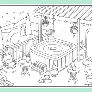 Puede incluir: Un dibujo en blanco y negro de una escena de jard&iacute;n con una ba&ntilde;era de hidromasaje, una mesa peque&ntilde;a con sillas, una planta en maceta y un gato. La escena se desarrolla de noche con estrellas en el cielo.