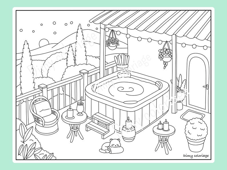 Puede incluir: Un dibujo en blanco y negro de una escena de jard&iacute;n con una ba&ntilde;era de hidromasaje, una mesa peque&ntilde;a con sillas, una planta en maceta y un gato. La escena se desarrolla de noche con estrellas en el cielo.