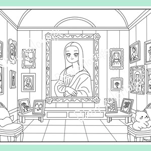 May include: A black and white line drawing of a gallery room with a large portrait of a woman in the center. The room is filled with other framed artwork, including a portrait of a woman, a still life, and a landscape. There are two chairs in the room, one with a cat sitting on it.