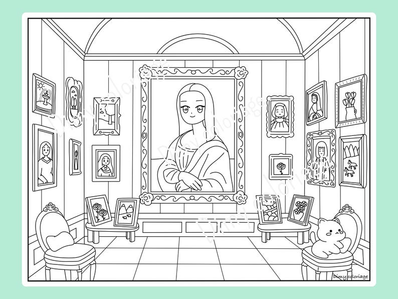 May include: A black and white line drawing of a gallery room with a large portrait of a woman in the center. The room is filled with other framed artwork, including a portrait of a woman, a still life, and a landscape. There are two chairs in the room, one with a cat sitting on it.