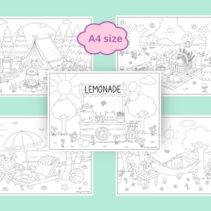 May include: Four black and white coloring pages featuring cute cats enjoying summer activities. The pages include a camping scene, a lemonade stand, a picnic, and a beach scene.