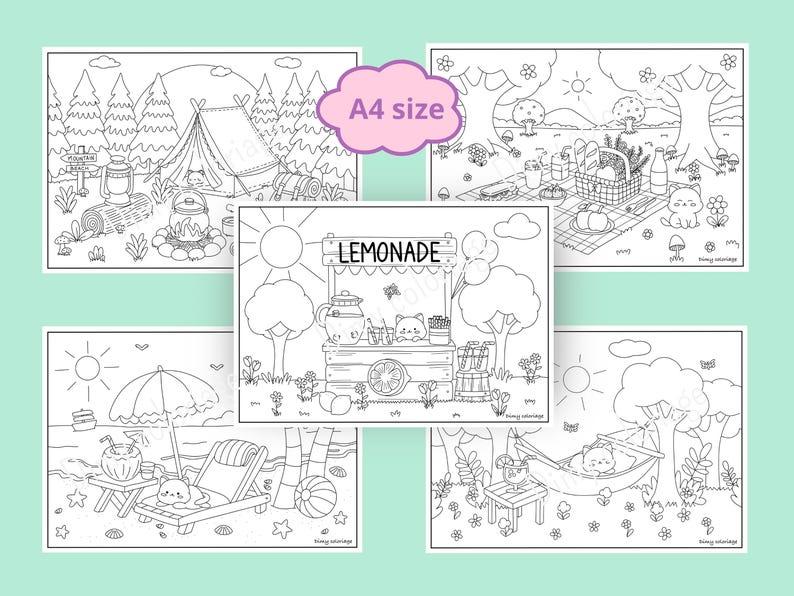 May include: Four black and white coloring pages featuring cute cats enjoying summer activities. The pages include a camping scene, a lemonade stand, a picnic, and a beach scene.