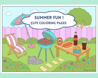 Printable Fun Summer coloring page for adult, coloring print, hand drawn cozy coloring pages to download, cute and cozy coloring book PDF