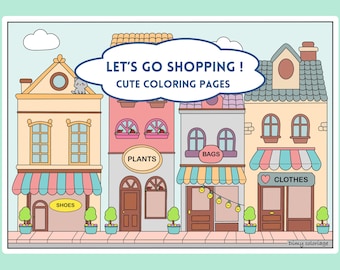 大人と子供が印刷できるかわいい塗り絵、ストレス解消のためのかわいい塗り絵、印刷できるデジタル塗り絵、ショッピングをテーマにした塗り絵