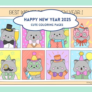 Happy New Year coloring pages for adults, cozy relaxing coloring pages to download, cute easy coloring book, new year 2025 printable PDF