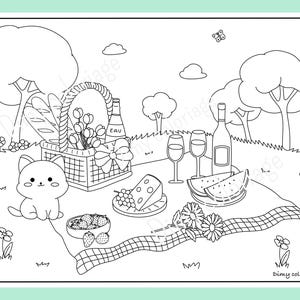 May include: A black and white line drawing of a picnic scene with a cat, a basket, food, and wine glasses. The text "dimy coloriage" is at the bottom of the image.