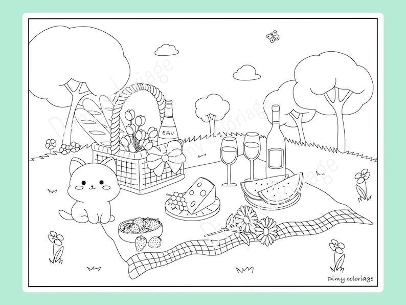 May include: A black and white line drawing of a picnic scene with a cat, a basket, food, and wine glasses. The text "dimy coloriage" is at the bottom of the image.