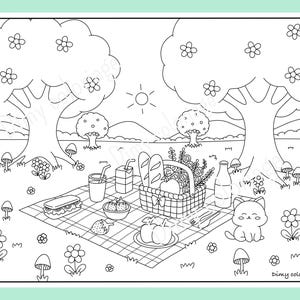 May include: A black and white line drawing of a picnic scene with a basket of food, a sandwich, a cat, and trees. The text "dimy coloriage" is at the bottom of the image.