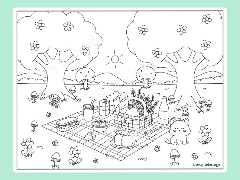 May include: A black and white line drawing of a picnic scene with a basket of food, a sandwich, a cat, and trees. The text "dimy coloriage" is at the bottom of the image.