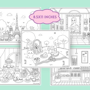 May include: A set of four black and white coloring pages featuring Parisian scenes. The pages include a Parisian street scene with the Eiffel Tower, a picnic in a park, a tea party with macarons, and a bakery with a cat.
