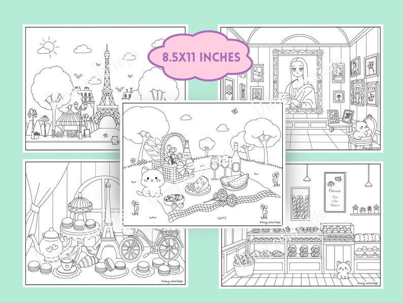 May include: A set of four black and white coloring pages featuring Parisian scenes. The pages include a Parisian street scene with the Eiffel Tower, a picnic in a park, a tea party with macarons, and a bakery with a cat.