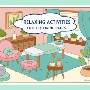 Relaxing coloring pages for adults, cozy coloring pages to download, cute and cozy coloring book, kawaii coloring pages, cute coloring pdf