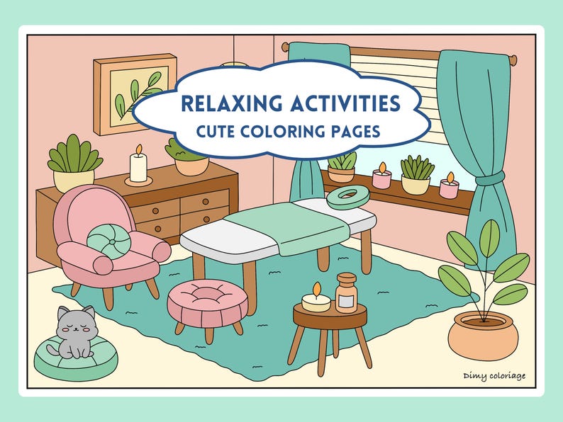 Puede incluir: Una ilustraci&oacute;n para colorear que representa un ambiente de spa relajante con una mesa de masaje, una silla, un gato, plantas, velas y una mesa peque&ntilde;a con una botella de aceite. El texto "Relaxing Activities Cute Coloring Pages" est&aacute; en la parte superior de la p&aacute;gina.