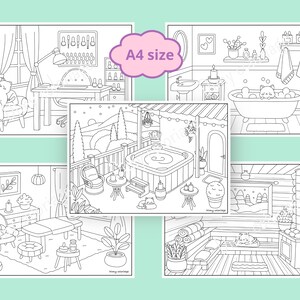 Puede incluir: Un conjunto de cinco p&aacute;ginas para colorear en blanco y negro que representan diferentes escenas de spa y relajaci&oacute;n. Cada p&aacute;gina incluye un gato en un entorno diferente, como un sal&oacute;n de manicura, un ba&ntilde;o, una ba&ntilde;era de hidromasaje, una sala de masajes y una sauna.