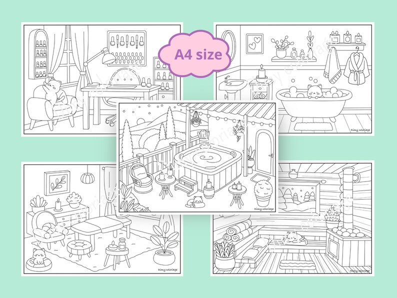Puede incluir: Un conjunto de cinco p&aacute;ginas para colorear en blanco y negro que representan diferentes escenas de spa y relajaci&oacute;n. Cada p&aacute;gina incluye un gato en un entorno diferente, como un sal&oacute;n de manicura, un ba&ntilde;o, una ba&ntilde;era de hidromasaje, una sala de masajes y una sauna.