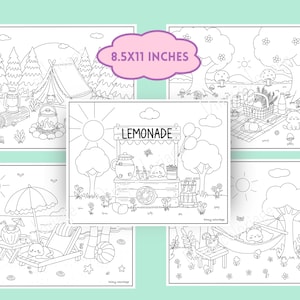 May include: Set of five 8.5x11 inch printable coloring pages featuring cute cartoon animals enjoying summer activities like camping, lemonade stand, picnic, beach, and relaxing in a hammock.