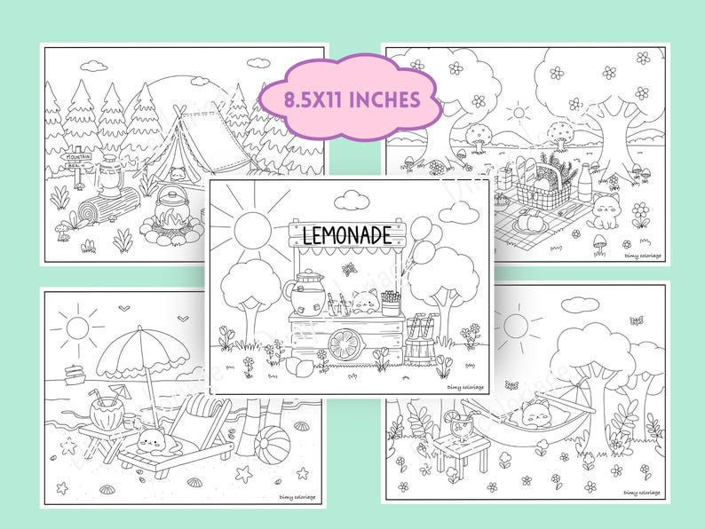 May include: Set of five 8.5x11 inch printable coloring pages featuring cute cartoon animals enjoying summer activities like camping, lemonade stand, picnic, beach, and relaxing in a hammock.