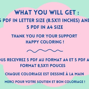 May include: Pink and blue text on a pink cloud shape against a light green background. The text reads "WHAT YOU WILL GET: 5 PDF IN LETTER SIZE (8.5X11 INCHES) AND 5 PDF IN A4 SIZE THANK YOU FOR YOUR SUPPORT HAPPY COLORING! VOUS RECEVREZ 5 PDF AU FORMAT A4 ET 5 PDF AU FORMAT 8,5X11 POUCES CHAQUE COLORIAGE EST DESSIN&Eacute; &Agrave; LA MAIN MERCI POUR VOTRE SOUTIEN ET BON COLORIAGE!"