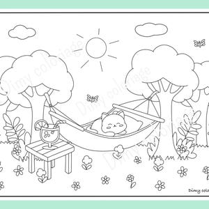 May include: A black and white line drawing of a cat sleeping in a hammock between two trees. The cat is wearing a smile. There is a glass of lemonade on a table next to the hammock. The sun is shining and there are butterflies flying around.