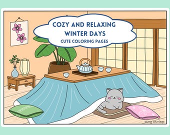 Printable cozy coloring pages for adults, cozy relaxing winter coloring pages to download, cute and easy coloring book, winter coloring book