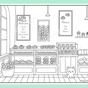 May include: A black and white line drawing of a bakery interior with shelves stocked with pastries, bread, and other baked goods. There is a cat sitting on the floor in front of the shelves. The sign above the shelves reads "Boulangerie" and "Patisserie".