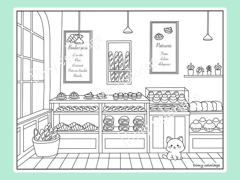 May include: A black and white line drawing of a bakery interior with shelves stocked with pastries, bread, and other baked goods. There is a cat sitting on the floor in front of the shelves. The sign above the shelves reads "Boulangerie" and "Patisserie".