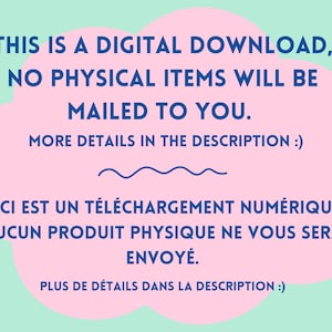 Puede incluir: Nube rosa con texto azul que dice "This is a digital download, no physical items will be mailed to you. More details in the description :) Ceci est un t&eacute;l&eacute;chargement num&eacute;rique, aucun produit physique ne vous sera envoy&eacute;. Plus de d&eacute;tails dans la description :)"