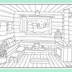 Puede incluir: Un dibujo en blanco y negro de l&iacute;neas de un acogedor interior de caba&ntilde;a con un gato durmiendo en un banco, una estufa de le&ntilde;a y una ventana con una escena de invierno nevada. La caba&ntilde;a tiene una est&eacute;tica r&uacute;stica de caba&ntilde;a de troncos con toallas colgadas en un estante y una pila de toallas enrolladas en un estante.