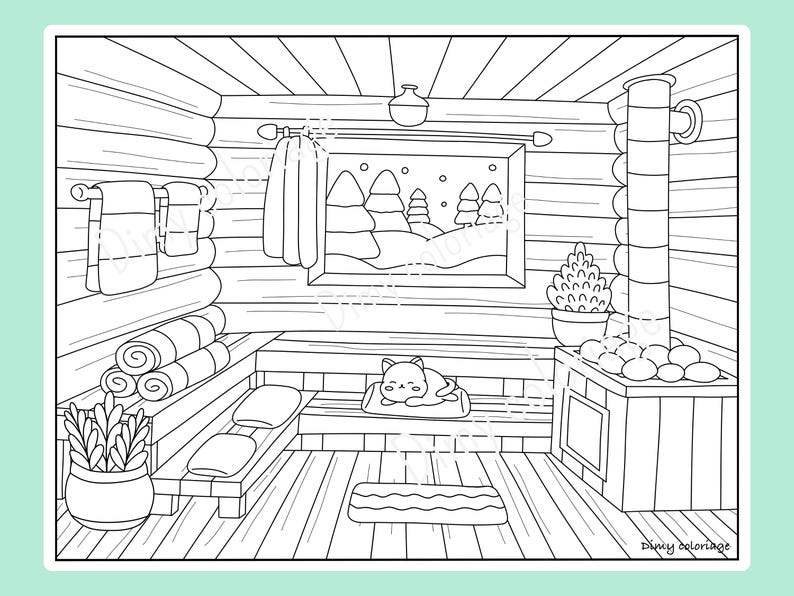 Puede incluir: Un dibujo en blanco y negro de l&iacute;neas de un acogedor interior de caba&ntilde;a con un gato durmiendo en un banco, una estufa de le&ntilde;a y una ventana con una escena de invierno nevada. La caba&ntilde;a tiene una est&eacute;tica r&uacute;stica de caba&ntilde;a de troncos con toallas colgadas en un estante y una pila de toallas enrolladas en un estante.