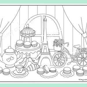 May include: A black and white coloring page featuring a Parisian-themed tea party with a teapot, teacups, macarons, a bicycle, and the Eiffel Tower. The scene is set in a room with curtains and a window.