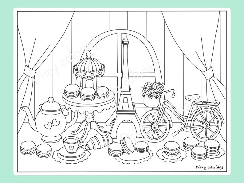 May include: A black and white coloring page featuring a Parisian-themed tea party with a teapot, teacups, macarons, a bicycle, and the Eiffel Tower. The scene is set in a room with curtains and a window.