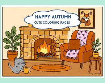 Printable cozy Autumn coloring pages for adults, cozy fall coloring pages to download, kawaii cozy coloring book, autumn coloring book