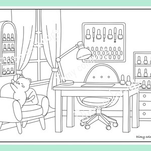 Puede incluir: Un dibujo en blanco y negro de un gato sentado en una silla en un sal&oacute;n de manicura. El sal&oacute;n tiene una mesa con una silla, una l&aacute;mpara y estantes con botellas de esmalte de u&ntilde;as. El texto "Dimy coloriage" est&aacute; en la parte inferior de la imagen.