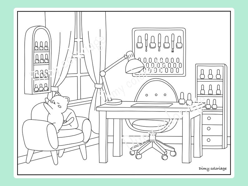 Puede incluir: Un dibujo en blanco y negro de un gato sentado en una silla en un sal&oacute;n de manicura. El sal&oacute;n tiene una mesa con una silla, una l&aacute;mpara y estantes con botellas de esmalte de u&ntilde;as. El texto "Dimy coloriage" est&aacute; en la parte inferior de la imagen.