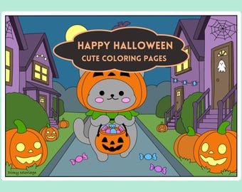 Kawaii Halloween coloring pages for adults and teens, cozy coloring sheets to download, cute and cozy coloring book, relaxing activity PDF