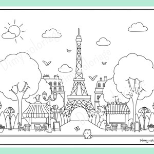 May include: A black and white line drawing of the Eiffel Tower in Paris, France. The tower is surrounded by trees, buildings, and street lamps. There are also small shops with striped awnings and a cat sitting in the street. The text "Dimy coloriage" is at the bottom of the image.