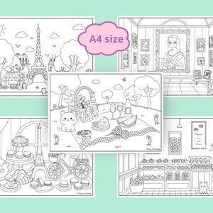 May include: A set of five black and white coloring pages featuring Parisian scenes. The pages include a Parisian street scene, a picnic in the park, a bakery, a tea party, and a museum.