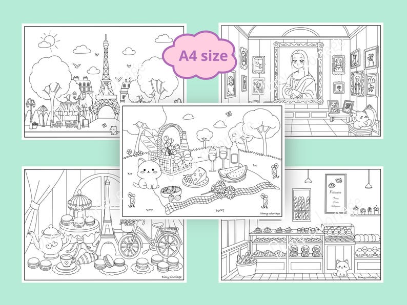 May include: A set of five black and white coloring pages featuring Parisian scenes. The pages include a Parisian street scene, a picnic in the park, a bakery, a tea party, and a museum.