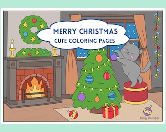 Printable kawaii coloring pages for adults, cozy Christmas coloring pages to download, cute and cozy coloring book, Christmas coloring book