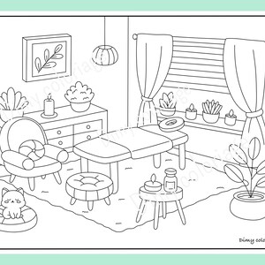Puede incluir: Un dibujo en blanco y negro de una sala de spa con una mesa de masaje, una silla, una mesa con velas y plantas. La habitaci&oacute;n tiene una ventana con cortinas y una alfombra en el suelo. El texto "Dimy coloriage" est&aacute; en la parte inferior de la imagen.