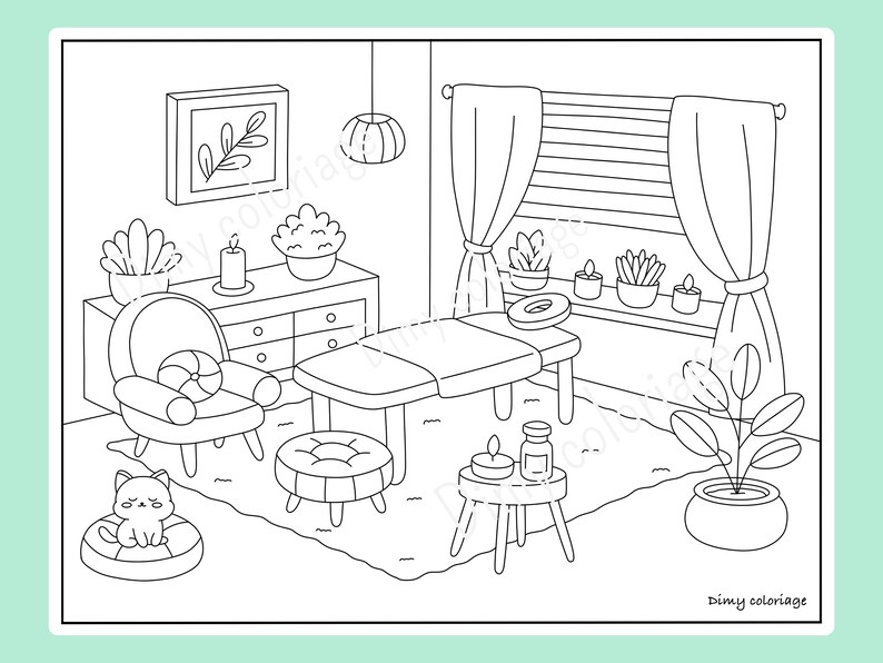 Puede incluir: Un dibujo en blanco y negro de una sala de spa con una mesa de masaje, una silla, una mesa con velas y plantas. La habitaci&oacute;n tiene una ventana con cortinas y una alfombra en el suelo. El texto "Dimy coloriage" est&aacute; en la parte inferior de la imagen.